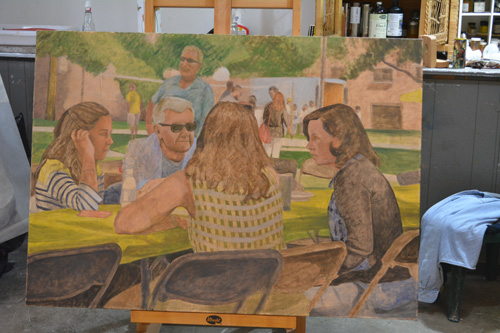 The unfinished 'Picnic' on the easel in the new studio