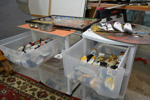 Drawers of red and yellow oils